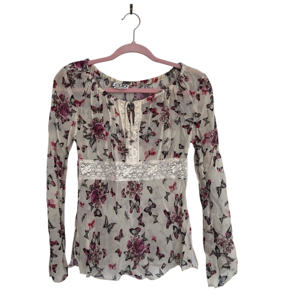 Vintage Y2K butterfly print babydoll bell sleeve crochet sheer blouse